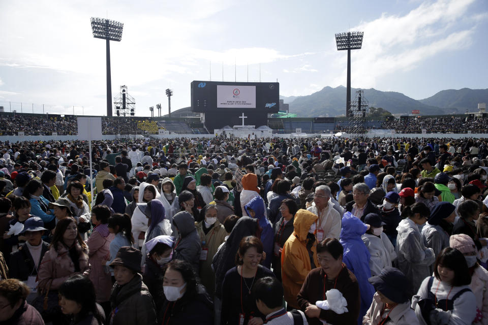 The faithful wait for Pope Francis at Nagasaki Prefectural Baseball Stadium, Sunday, Nov. 24, 2019, in Nagasaki, Japan. (AP Photo/Kiichiro Sato)