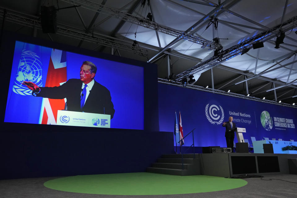 Al Gore, former Vice President of the United States speaks at the COP26 U.N. Climate Summit in Glasgow, Scotland, Friday, Nov. 5, 2021. The U.N. climate summit in Glasgow gathers leaders from around the world, in Scotland's biggest city, to lay out their vision for addressing the common challenge of global warming. (AP Photo/Alastair Grant)