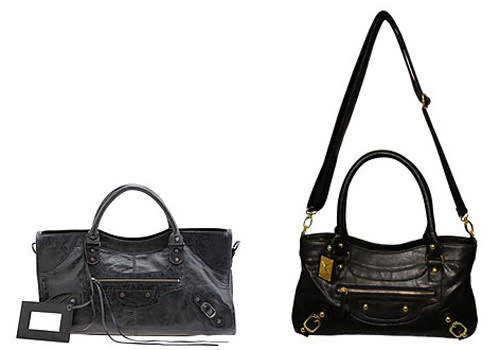 Balenciaga bag vs. Kardashian Kollection purse: knockoff or coincidence? First up: a riff on Balenciaga. On the left we have their Arena Classic Part Time bag, $1,545. On the right, Kardashian Kollection Zip Feature Bag, $59.95. Kim Kardashian wears her Balenciaga bag everywhere so we feel there's no feigning ignorance about this blatant replica. Photo by: Balenciaga and bagsac.com.au