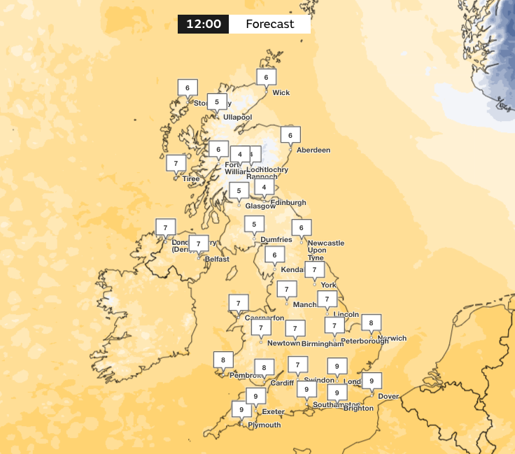 Forecast temperatures at 12pm on Sunday. (Met Office)