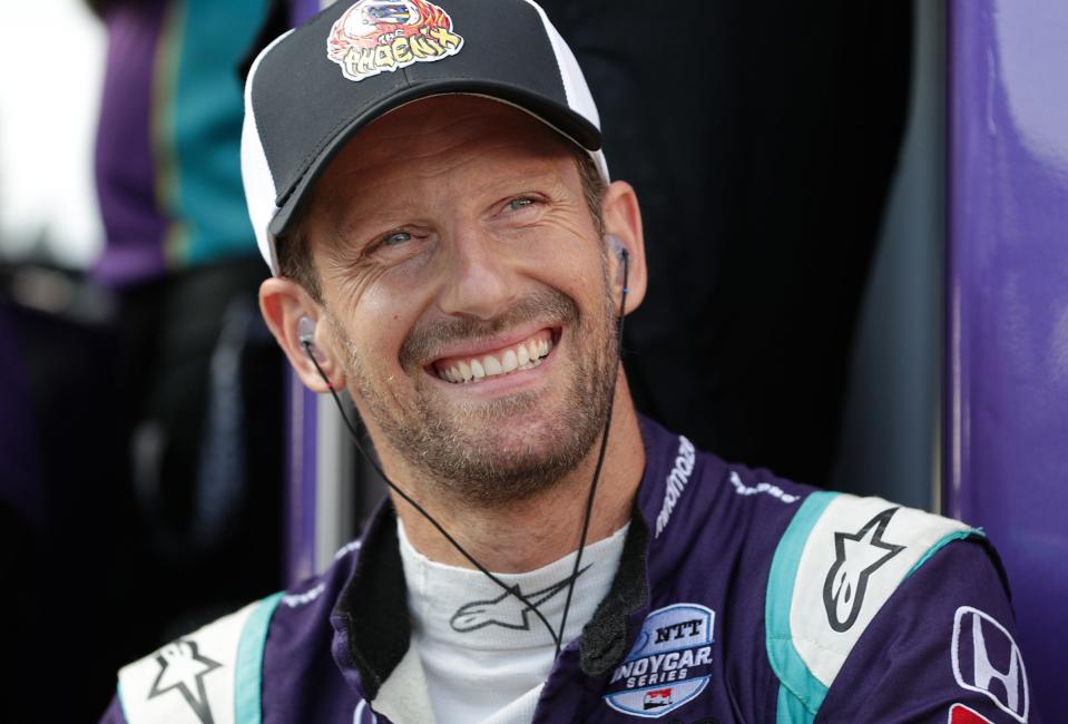 Dale Coyne Racing with RWR Romain Grosjean (51) smiles while waiting to qualify for the IndyCar Grand Prix on Friday, Aug. 13, 2021, at Indianapolis Motor Speedway. 