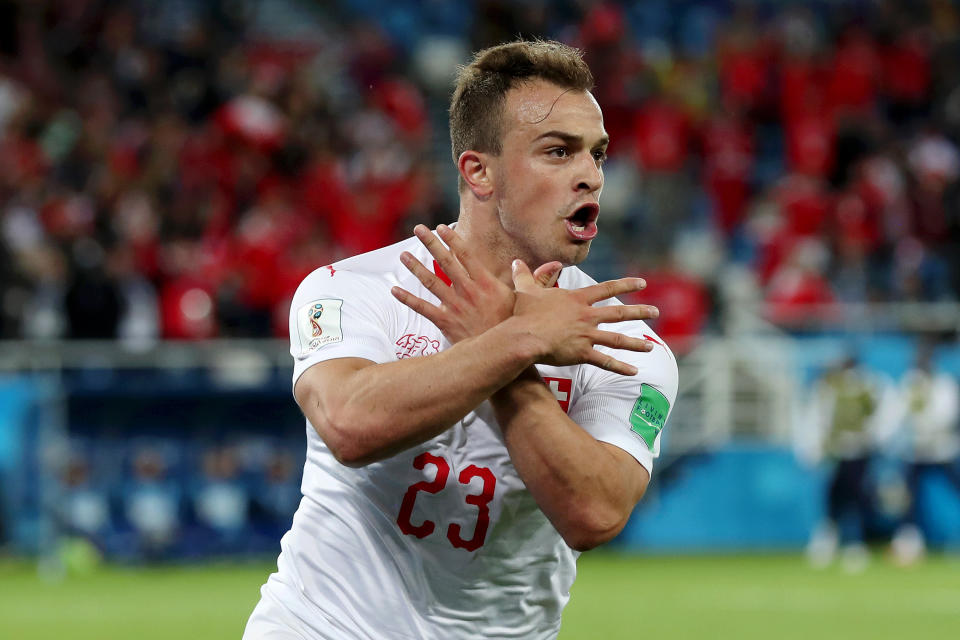 Xherdan Shaqiri of Switzerland celebrates after scoring his team’s second goal during the 2018 FIFA World Cup Russia group E match between Serbia and Switzerland at Kaliningrad Stadium on June 22, 2018 in Kaliningrad, Russia. (Getty Images)