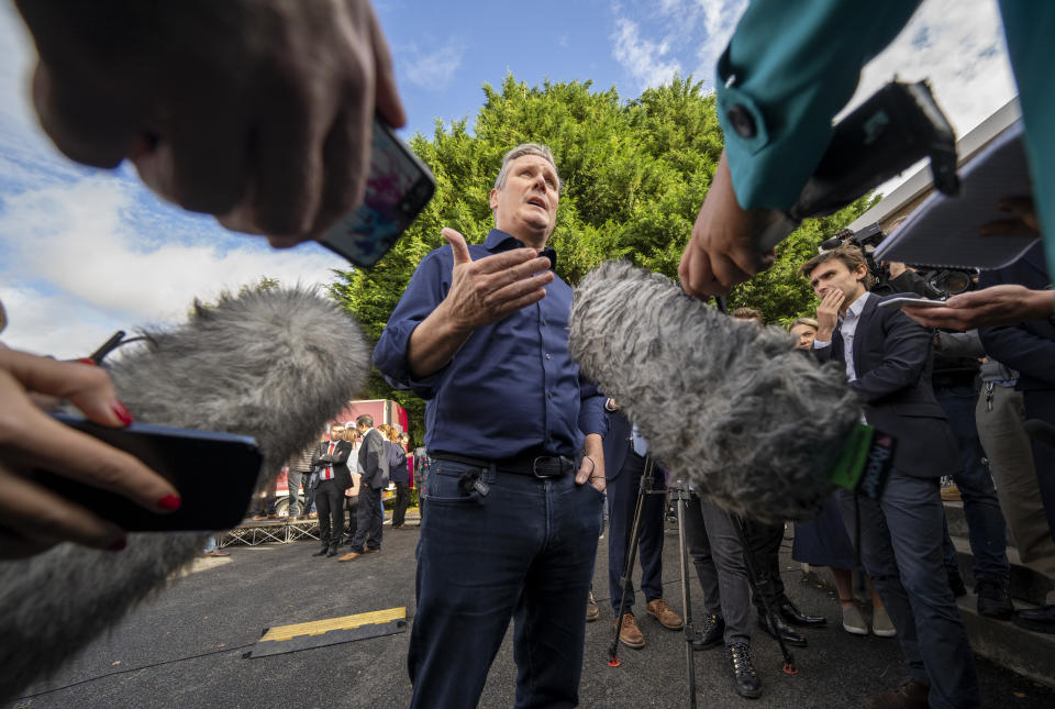 Labour leader Sir Keir Starmer speaks to the media at a rally following Scottish Labour's win in Rutherglen and Hamilton West by-election. Picture date: Friday October 6, 2023. (Photo by Jane Barlow/PA Images via Getty Images)