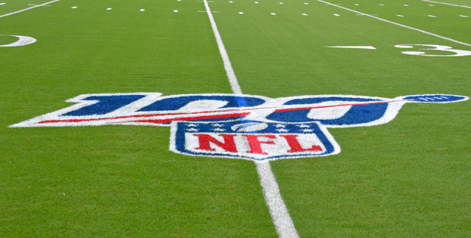 Aug 22, 2019; Miami Gardens, FL, USA;  view of the NFL 100 logo on the field before a game between the Jacksonville Jaguars and the Miami Dolphins at Hard Rock Stadium. Mandatory Credit: Steve Mitchell-USA TODAY Sports