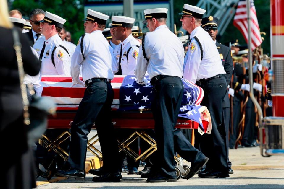 The funeral procession and casket for Broward Sheriff Fire Rescue Battalion Chief Terryson Jackson arrives at the Faith Center in Sunrise on Friday, September 8, 2023. Jackson died in a helicopter crash on Monday, Aug. 28, when he and two BSFR colleagues were responding to an emergency call. (Mike Stocker/South Florida Sun Sentinel)