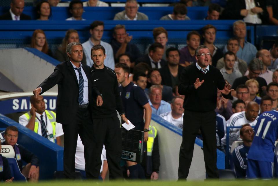 Chelsea manager Jose Mourinho (left) and Aston Villa manager Paul Lambert (right) gesture on the touchline