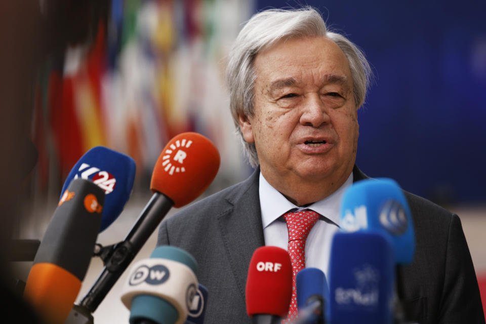FILE - United Nations Secretary General António Guterres speaks with the media as he arrives for a EU Summit in Brussels, March 21, 2024. At a press conference Monday, June 24, 2024, Guterres laid out principles to combat online hate and demanded that big tech companies use their power to reduce harm to people and societies around the world. (AP Photo/Omar Havana, File)