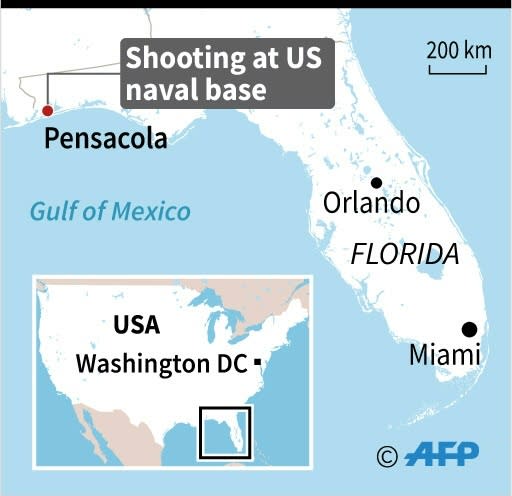 Map of Florida locating the Pensacola naval base., where a shooter was killed after opening fire on Friday
