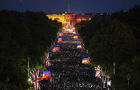 A general view of the Platinum Jubilee concert taking place in front of Buckingham Palace, London, Saturday June 4, 2022, on the third of four days of celebrations to mark the Platinum Jubilee. The events over a long holiday weekend in the U.K. are meant to celebrate Queen Elizabeth II’s 70 years of service. (Dominic Lipinski/PA via AP)