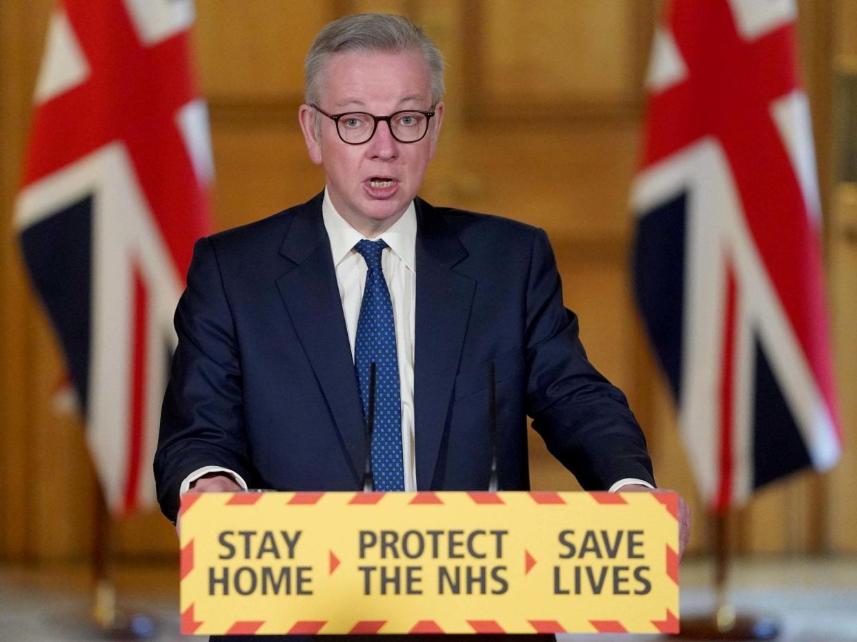 Michael Gove holds the daily Covid-19 news conference on Sunday where he warned the public could not expect a rapid return to 'normal' life: Reuters