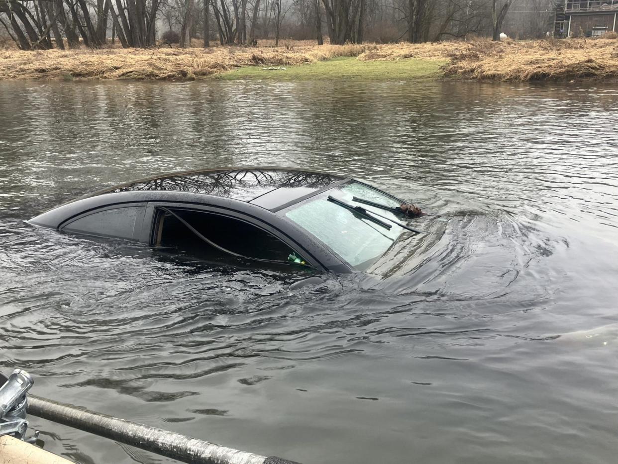 This is the sedan that went into the Delaware River in Damascus Township, Wayne County, Dec. 18, 2023. The driver was in the car but managed to escape, apparently though his passenger side window. The photo was taken about a half mile downstream from where the car went in.