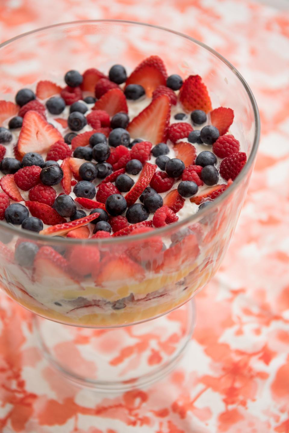 Triple Berry Trifle is made with angel food cake and instant vanilla pudding.