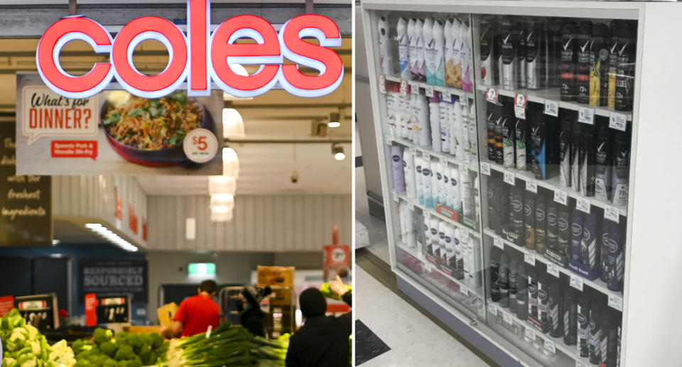 A Coles supermarket (left) and deodorant cans locked up behind a glass door (right)