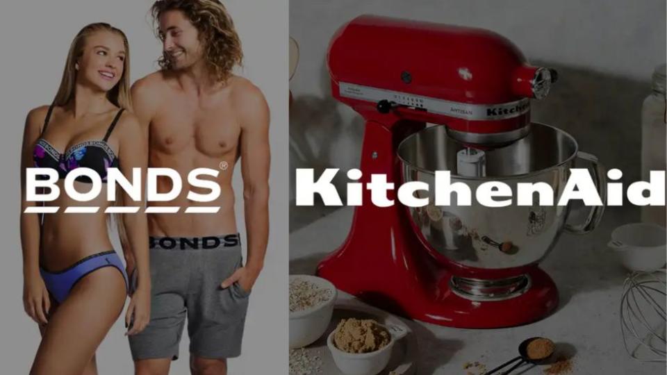 Left: A man and woman modelling bonds underwear with the bonds logo. Right: A KitchenAid mixer with KitchenAid logo