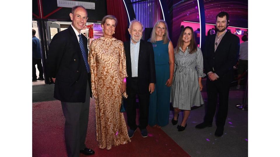 The Duke and Duchess of Edinburgh stood with Sir Richard Stilgoe, CEO of The Orpheus Centre Rachel Black, The Orpheus Centre Events Fundraiser Megan Robson and Theatre Manager for the Troubadour Wembley Park Theatre Ash Benzaiten