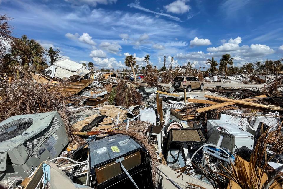 Debris packed Fort Myers Beach on Oct. 11, nearly two weeks after Hurricane Ian struck Southwest Florida Sept. 28. An emergency-relief fund established by the Town of Palm Beach United Way has so far raised more than $600,000.