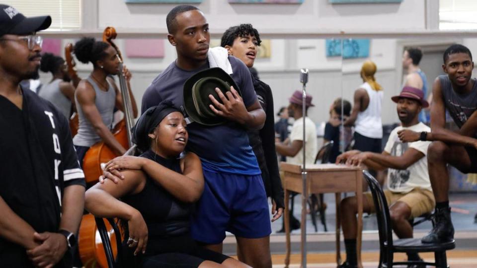 Mya Bryant, center left, and Jordan Okeke, center, who plays Gator, in rehearsals for “Memphis” on Wednesday, July 26, 2023 at Artworks at the Carver School in Lexington, Ky.