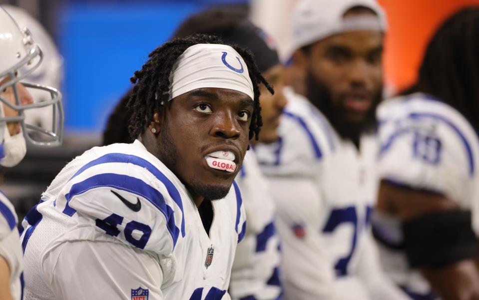 Matthew Adams #49 of the Indianapolis Colts watches the action during the fourth quarter of the game against the Detroit Lions at Ford Field on August 27, 2021 in Detroit, Michigan. The Colts defeated the Lions 27-17. (Photo by Leon Halip/Getty Images)