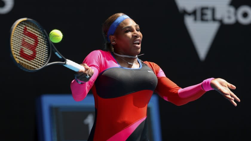 United States' Serena Williams hits a forehand return to Aryna Sabalenka of Belarus.