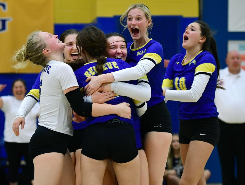 Clear Spring girls celebrate a point in the fifth set during their five-set win over Williamsport in the 1A West Region II semifinals at Clear Spring on Nov. 7, 2022.