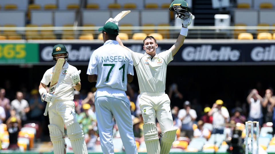 Marnus Labuschagne celebrates his maiden Test century. Pic: AAP