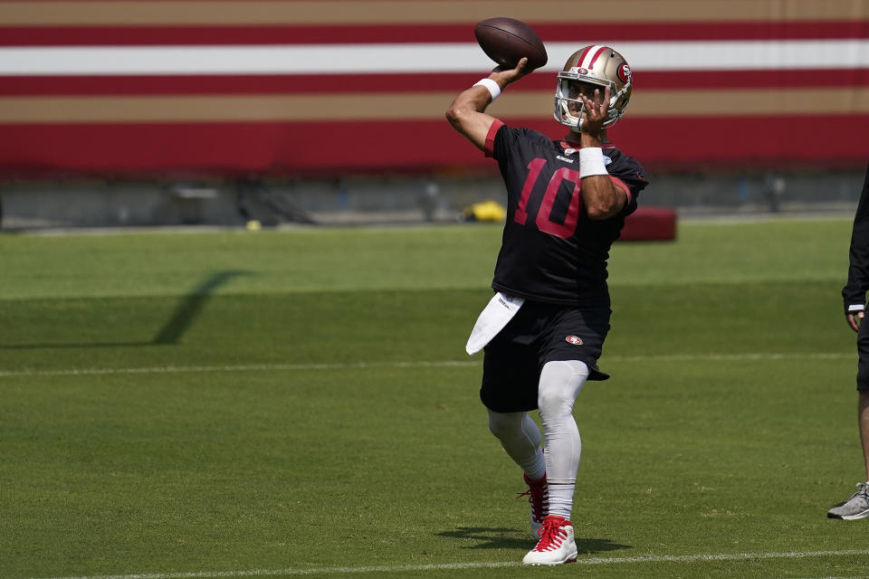 San Francisco 49ers quarterback Jimmy Garoppolo (10) passes during NFL football practice at Levi's Stadium in Santa Clara, Calif., Wednesday, Sept. 2, 2020. (AP Photo/Jeff Chiu, Pool)