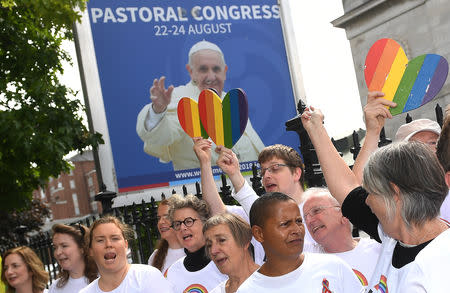 An LGBTI choir sings during a protest outside the Pastoral Congress at the World Meeting of Families in Dublin, Ireland August 23, 2018. REUTERS/Clodagh Kilcoyne