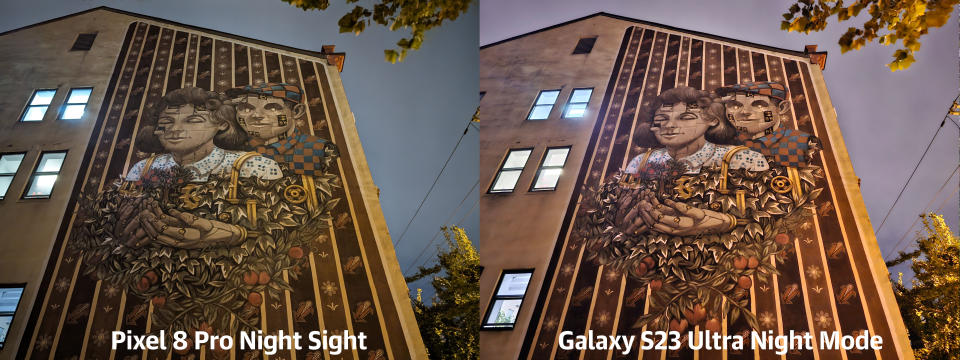 <p>At night, the Pixel 8 Pro often did a better job with white balance as seen in this comparison.</p>
