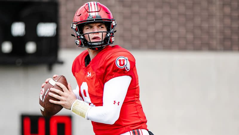 Utah quarterback Brandon Rose looks to pass during 2023 spring drills at the University of Utah in Salt Lake City.