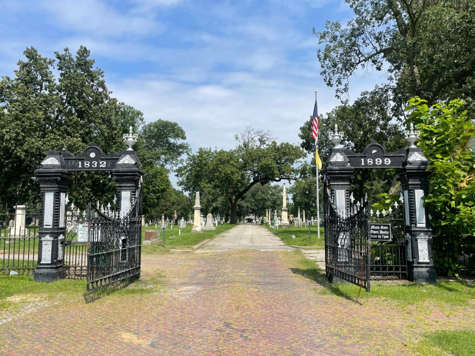 The South Bend City Cemetery gate is missing its distinctive archway as of Aug. 22, 2023, after a Venues Parks and Arts vehicle crashed into and damaged it in March 2021. The structure at 214 Elm St. was built in 1899.