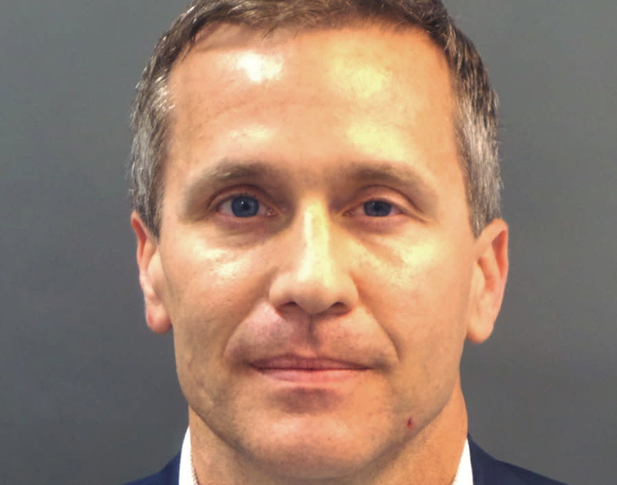 Greitens appears in a Feb. 22 police booking photo after he was charged with felony invasion of privacy.&nbsp;Tuesday's announcement has to do with a separate possible felony charge over political fundraising activity. (Photo: Handout / Reuters)
