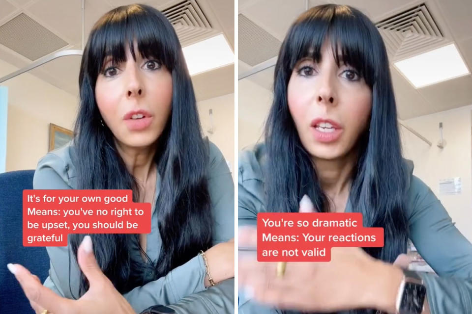 Two screenshots of Dr Kirren speaking on TikTok, on the left the text says 'It's for your own good means: You've no right to be upset, you should be grateful