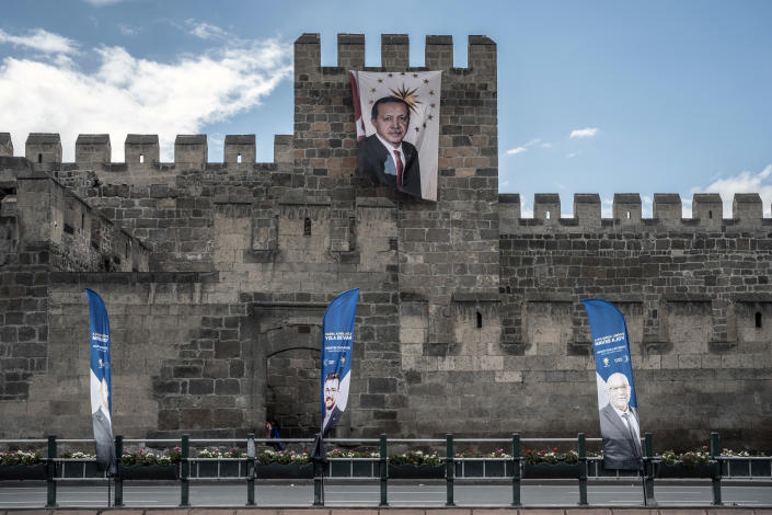 A reelection campaign poster depicting President Recep Tayyip Erdogan in Kayseri, Turkey, on April 21, 2023. Erdogan has tapped the power of his office to appeal to voters and mitigate the effects of inflation. (Sergey Ponomarev/The New York Times)