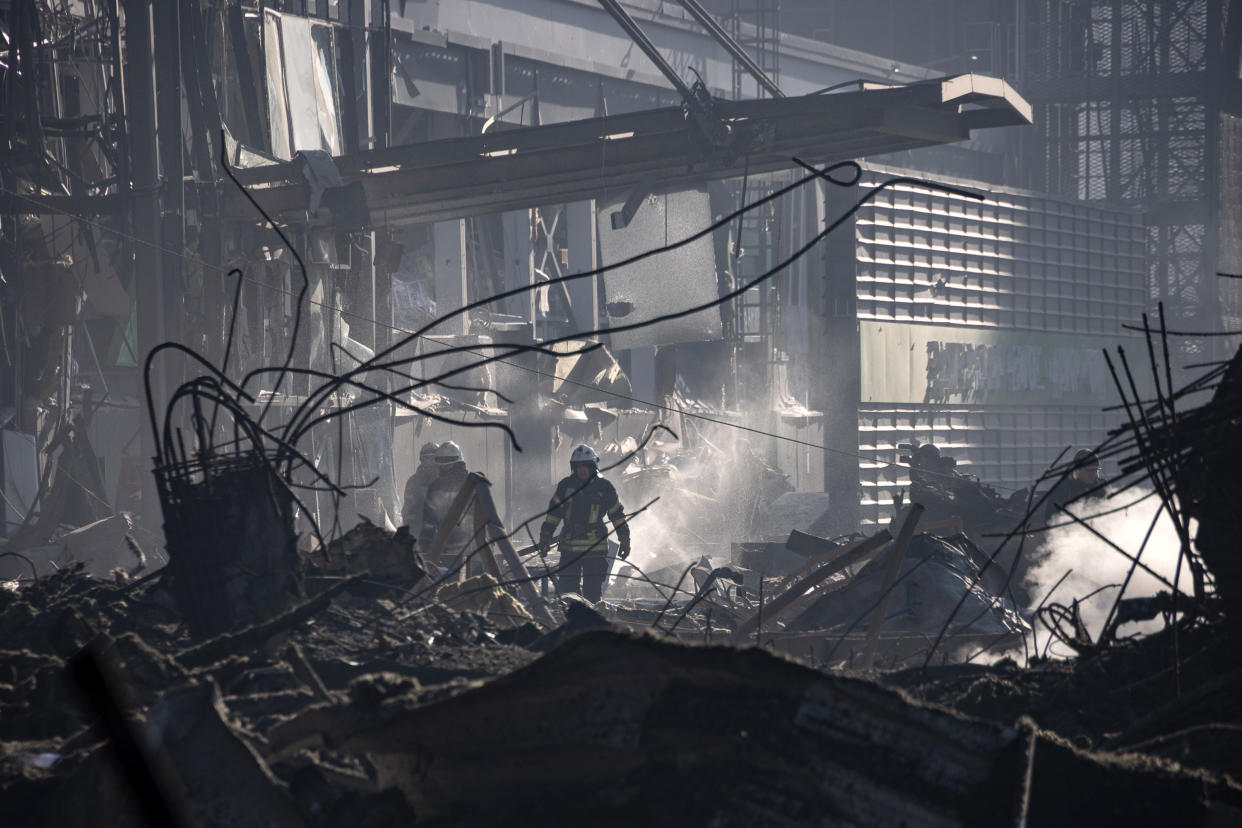 KYIV, UKRAINE- MARCH 21:  A view of the aftermath of the Retroville shopping mall following a Russian shelling attack which killed Eight people on March 21, 2022 in Kyiv, Ukraine.  (Photo by Andriy Dubchak / dia images via Getty Images)