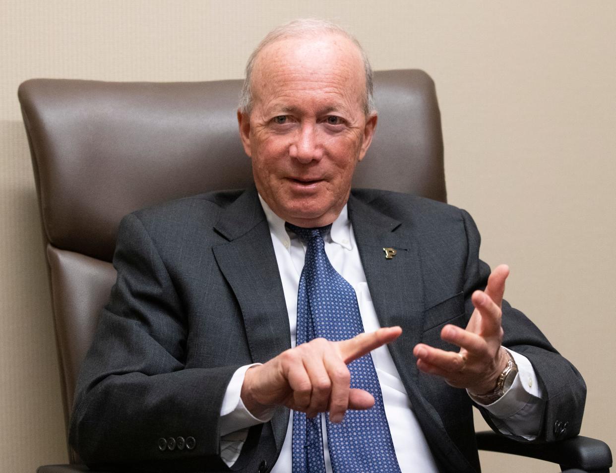 Former Purdue President Mitch Daniels speaks about his experience attending the 1980 Final Final, Wednesday, April 3, 2024, at the Purdue University Dauch Alumni Center in West Lafayette, Ind.