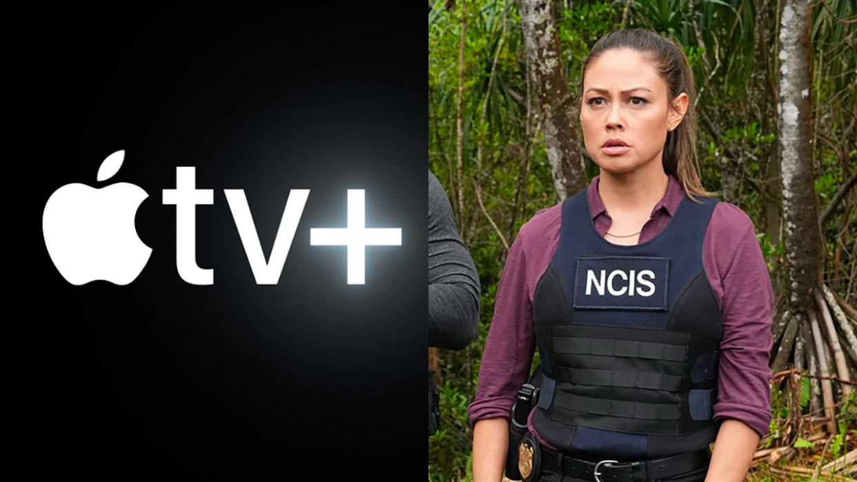  Apple's TV plus logo and an image of Vanessa Lachey in her NCIS uniform. . 