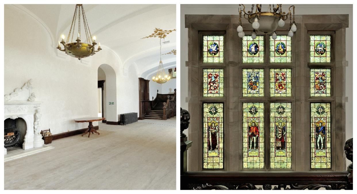 Ornate fixtures including a stained glass window inside the castle (SWNS)