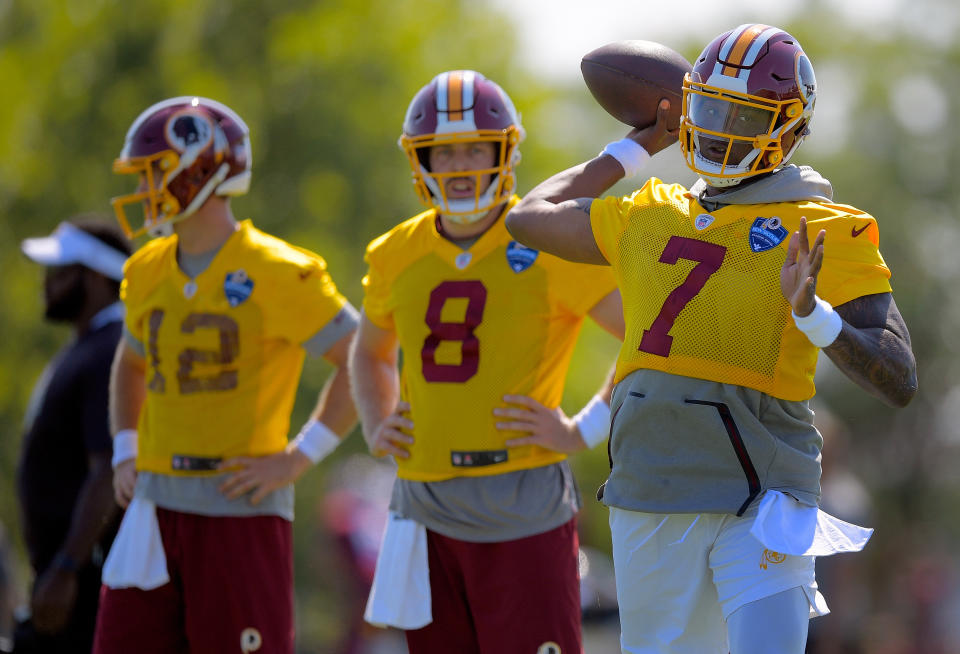 RICHMOND, VA - JULY 25:   Washington Redskins quarterbacks Colt McCoy (12) , left,  Case Keenum (8), center, and Washington Redskins quarterback Dwayne Haskins (7) during day 1 of summer training camp in Richmond, VA on July 25, 2019 . (Photo by John McDonnell/The Washington Post via Getty Images)