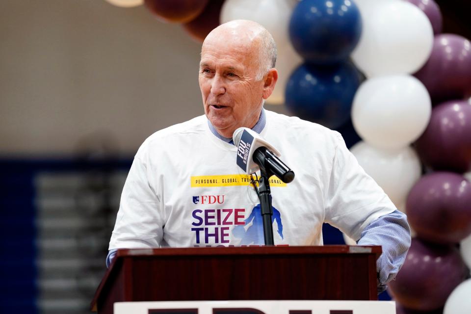 Hackensack Mayor John Labrosse speaks during the celebration held by Fairleigh Dickinson University for the historic 2022-23 seasons of the Knights' men's and women's basketball teams in Hackensack on March 27, 2023.