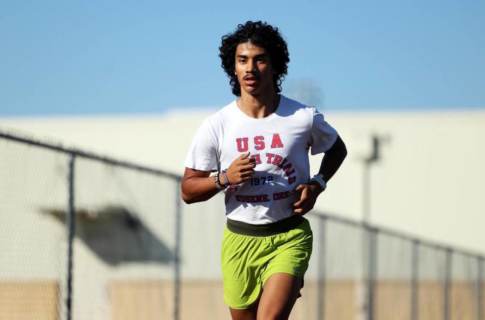 Diamond Hill-Jarvis High School senior Angel Sanchez works out on Wednesday, November 8, 2023, in Fort Worth. Sanchez has won back to back Class 4A Cross Country State Championships.