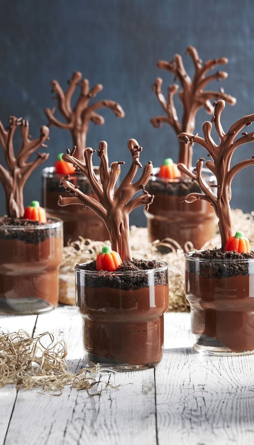 <p>Step into a chocolate forest with these decadent dessert cups. </p><p>Get the <strong><a href="https://www.countryliving.com/food-drinks/a28943384/spooky-forest-pudding-cups/" rel="nofollow noopener" target="_blank" data-ylk="slk:Spooky Forest Pudding Cups recipe;elm:context_link;itc:0;sec:content-canvas" class="link ">Spooky Forest Pudding Cups recipe</a></strong> from Country Living. </p>