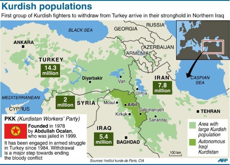 Map of Turkey and the region showing areas with large Kurdish populations as the first group of Kurdish fighters leaving Turkey as part of a peace drive with Ankara arrive in Iraqi Kurdistan