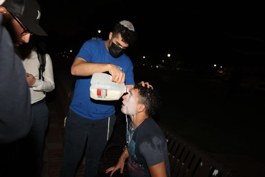 Los Angeles, CA – April 30: A Pro-Israel group member has milk put on his face after being either pepper sprayed or tear gassed from the pro-Israel group at UCLA on Tuesday, April 30, 2024 in Los Angeles, CA. (Michael Blackshire / Los Angeles Times via Getty Images)