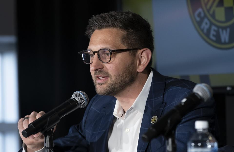 Columbus Crew president Tim Bezbatchenko addresses reporters during Media Day at MAPFRE Stadium in Columbus on Tuesday, Feb. 25, 2020. [Adam Cairns/Dispatch] 