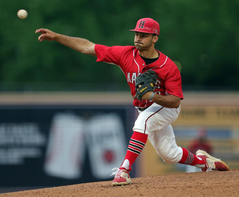 Hiland starting pitcher Nolan Yoder throws against Calvert during the first inning of an OHSAA Division IV state semifinal baseball game at Canal Park, Thursday, June 8, 2023, in Akron, Ohio.