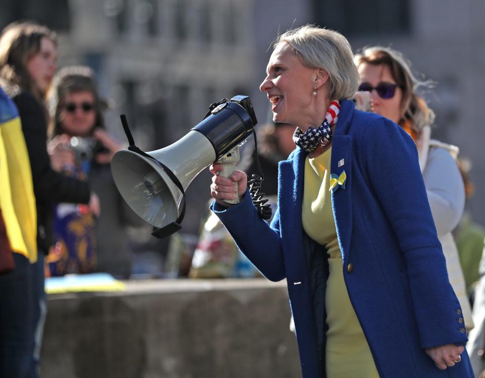 U.S. Representative Victoria Spartz speaks during a rally in support of Ukraine, Saturday, Feb. 26, 2022 on Monument Circle in Indianapolis. Spartz immigrated from Ukraine in 2000.