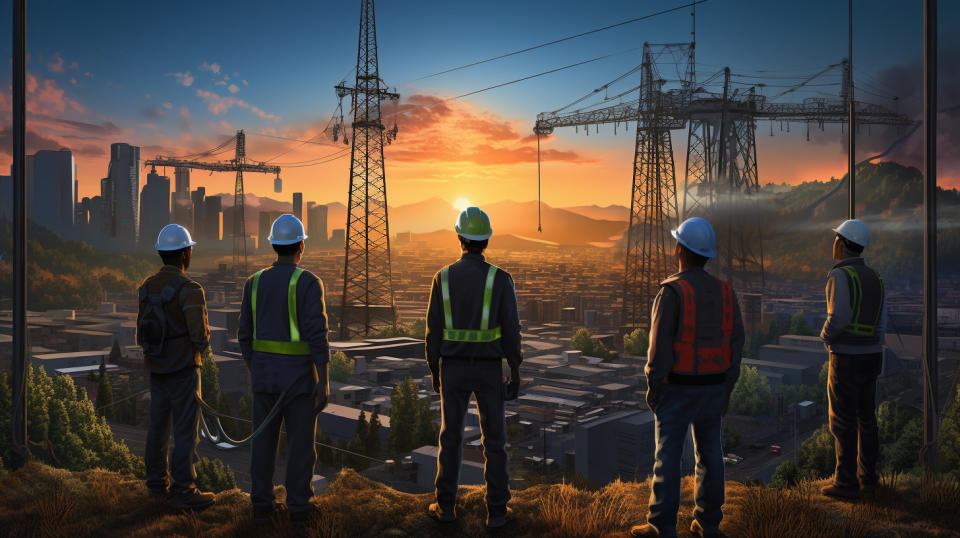 A workforce of engineers and construction workers in professional gear, showcasing the company’s capabilities in developing energy infrastructure solutions.