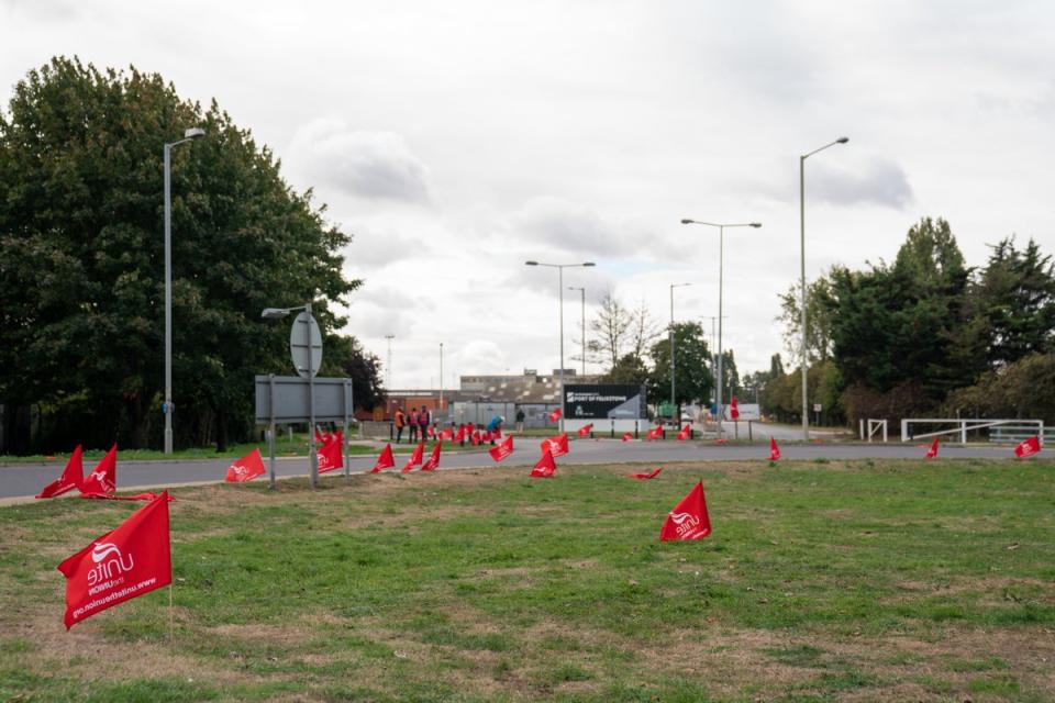 The site of a picket line at Felixstowe, which is being manned to coincide with shift changeovers and left empty the rest of the time (Joe Giddens/PA) (PA Wire)