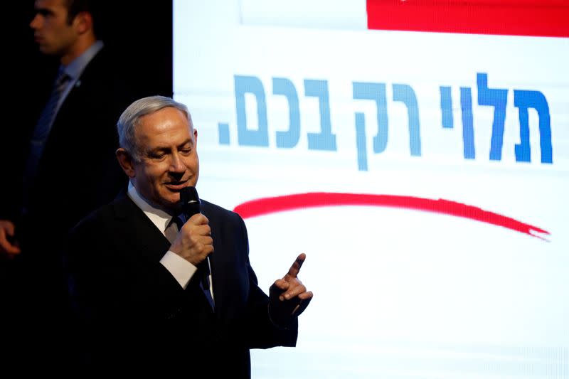 FILE PHOTO: Israeli Prime Minister Benjamin Netanyahu speaks to supporters at a Likud party rally as he campaigns ahead of the upcoming elections, in Rishon Lezion near Tel Aviv