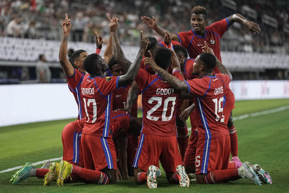 Panama celebrates after forward Ismael Díaz scored a goal against Qatar during the second half of a CONCACAF Gold Cup soccer quarterfinal Saturday, July 8, 2023, in Arlington, Texas. (AP Photo/Sam Hodde)